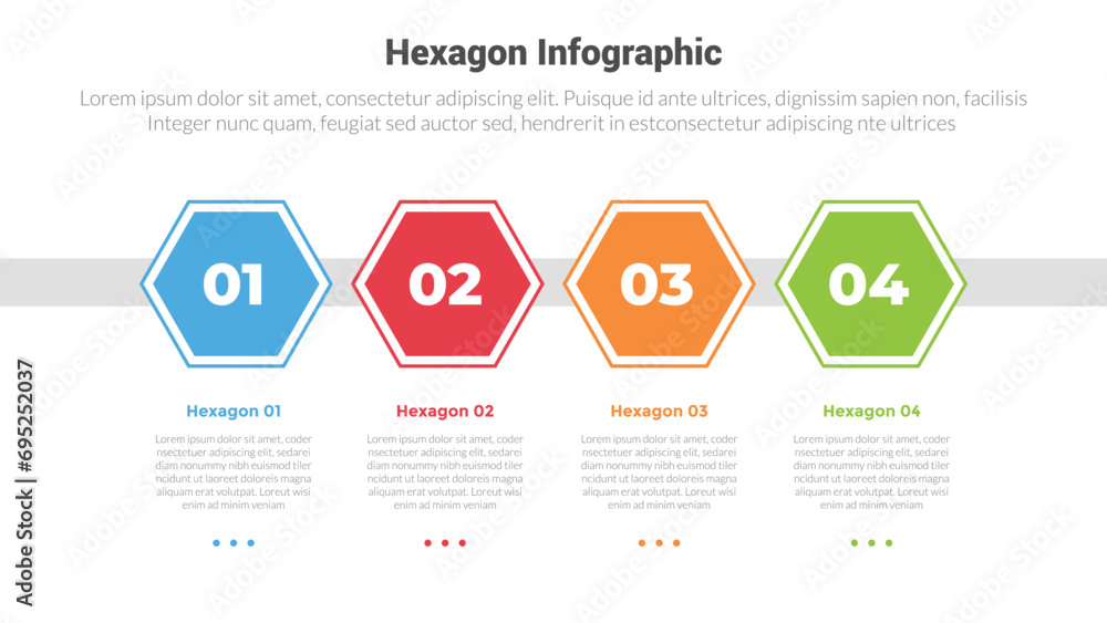 hexagon or hexagonal honeycombs shape infographics template diagram with outline horizontal direction with 4 point step creative design for slide presentation