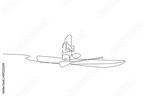 young woman tourist canoe boat kayak relax drinking coffee tea activity life one line art design