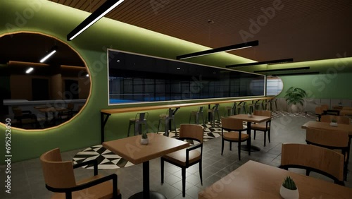 3d render cafe restaurant with green wall photo