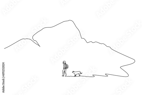woman person dog friend backpack nature walking active life lifestyle one line art design