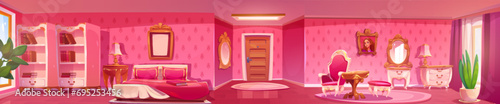 Panoramic princess bedroom interior with entrance door and pink walls, vintage bed and chairs, books in cabinet and mirror. Horizontal cartoon vector royal house or apartment indoor in victorian style