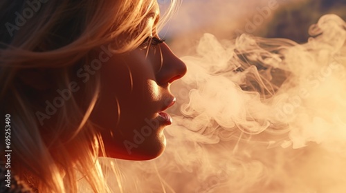 A woman is seen smoking a cigarette in a field. This image can be used to portray relaxation, freedom, or a rebellious attitude.
