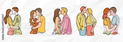 Lineart-Illustrationen von küssenden heterosexuellen Paaren | Grafikbündel für romantische Darstellungen