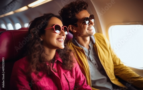 young couple in sunglasses and sitting in the plane © PRASANNAPIX