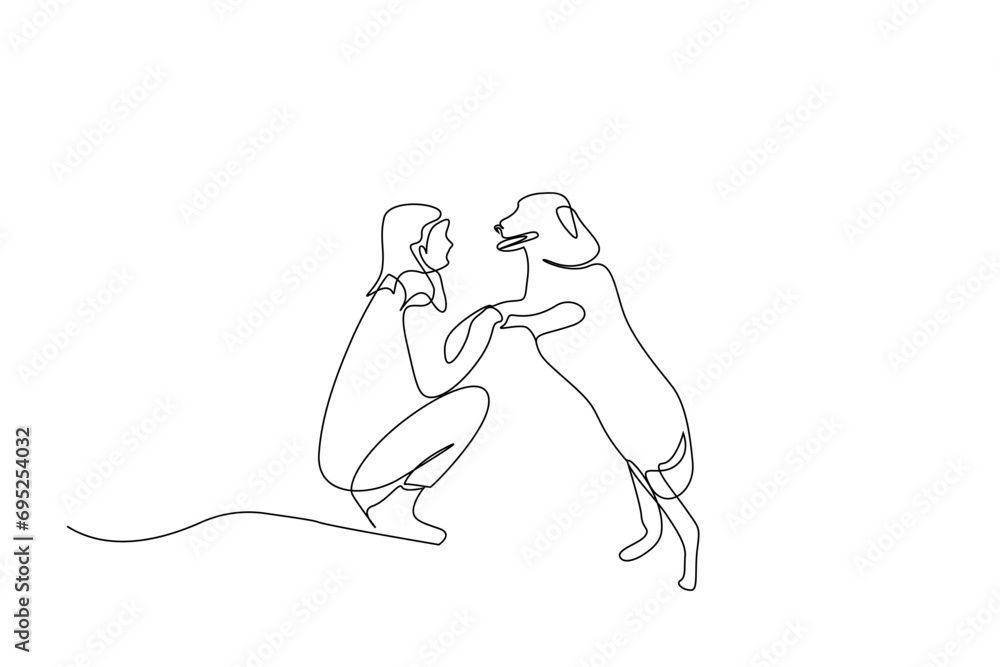 woman person dog friend backpack nature walking active life lifestyle one line art design woman person dog friend backpack nature walking active life lifestyle one line art design