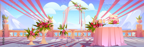 Wedding ceremony outdoor setup with altar under arch draped and decorated with flowers on balcony. Cartoon vector illustration of outside marriage event location with rose bouquet and cake on table.
