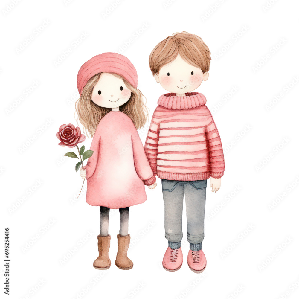 Watercolor illustration of cute couple kid isolated on background, Valentin's day concept. Watercolor illustration of cute couple kid isolated on background, Valentin's day concept.