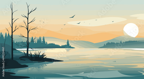 abstract nature scene featuring a serene lakeside view with abstract elements seamlessly integrated, using a flat color palette for clarity and focus. lakeside scene