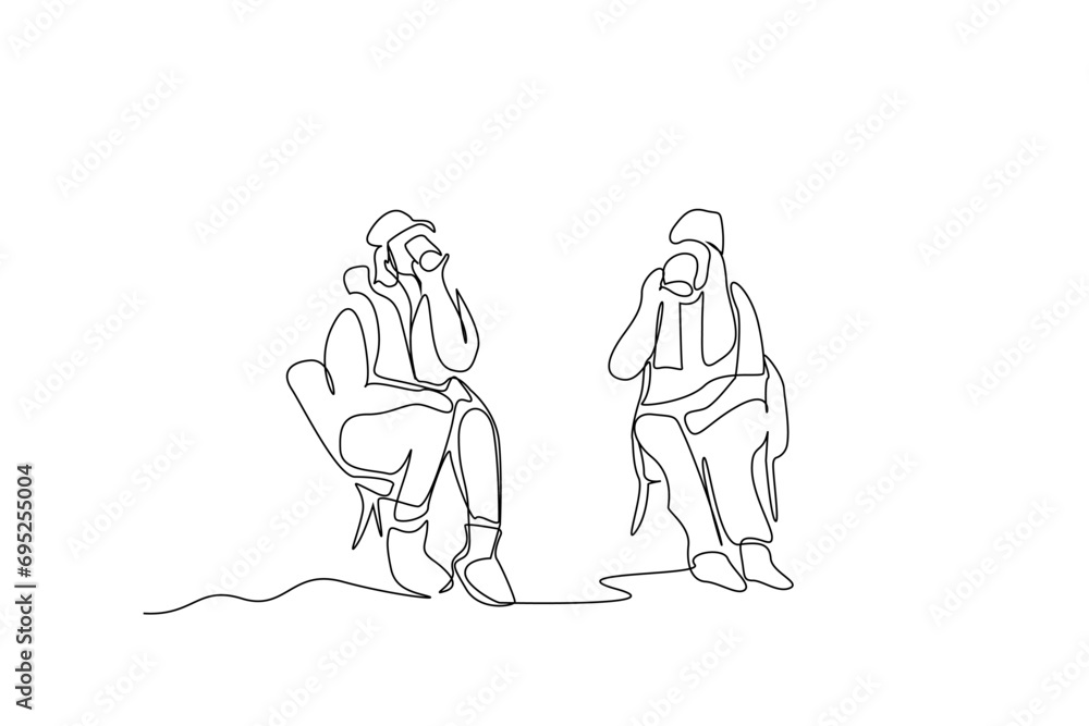 Fototapeta premium two friends winter season camp chair drinking coffee together activated one line art design