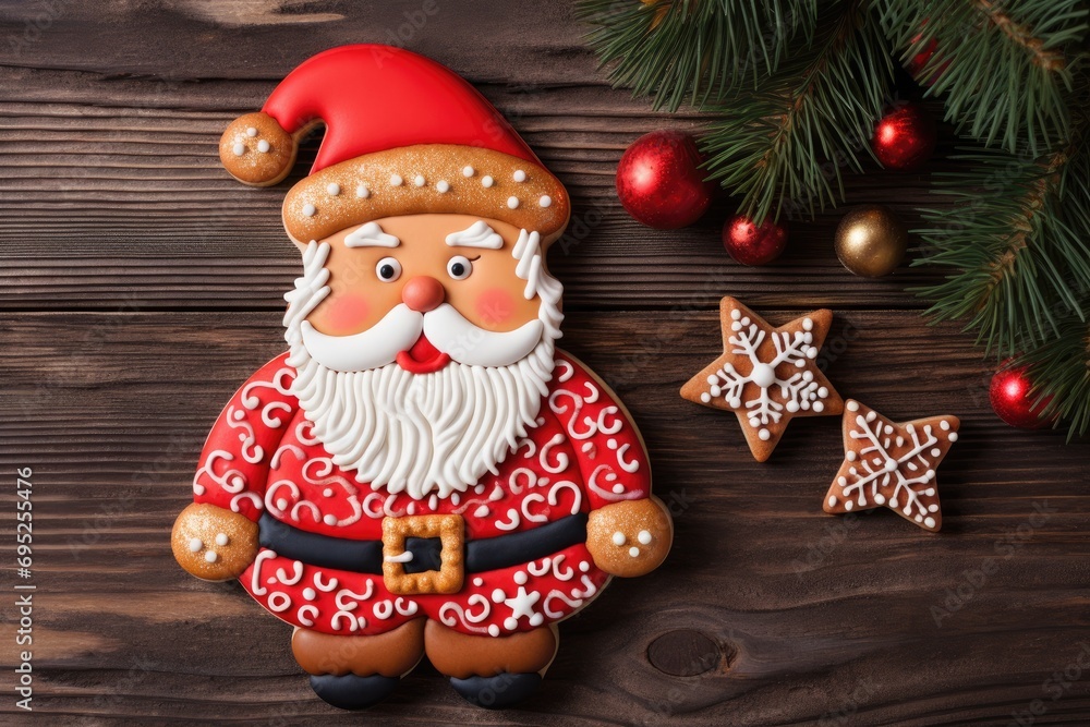 Christmas gingerbread cookies in the shape of Santa Claus on a wooden background.