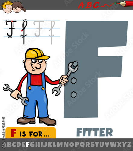 letter F from alphabet with fitter professional occupation