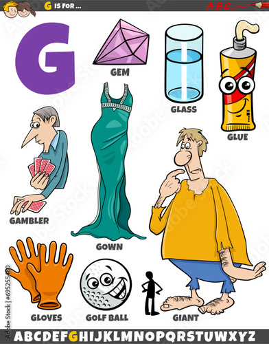 Letter G set with cartoon objects and characters