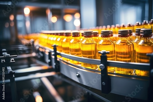 Bottling line of sunflower oil in bottles. Vegetable oil production plant. Industrial background photo