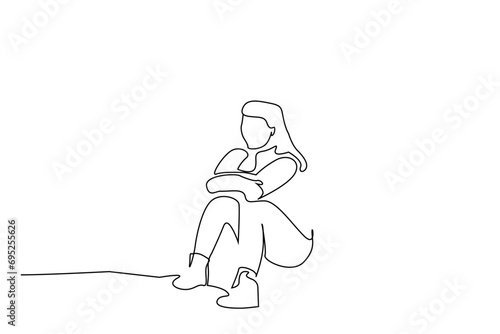 woman sitting outside thoughtful alone full body length one line art design