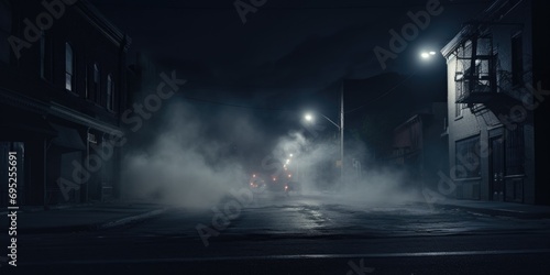 A city street engulfed in dense fog at night. Perfect for creating a mysterious and atmospheric mood in your projects photo