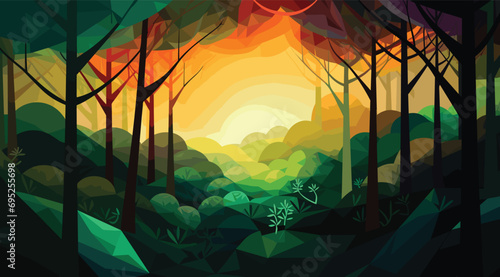 abstract nature scene featuring a serene lakeside view with abstract elements seamlessly integrated, using a flat color palette for clarity and focus.