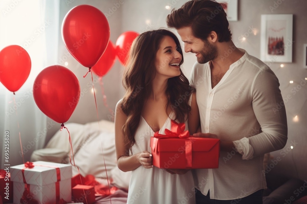 I love you. Close-up of a cheerful positive couple holding a gift, with selective focus, blurred background. Valentine's Day I love you. Close-up of a cheerful positive couple holding a gift, with selective focus, blurred background. Valentine's Day