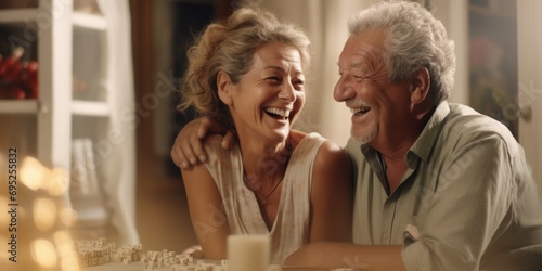 A joyful moment captured as a man and a woman sit at a table, sharing laughter and happiness. This image can be used to depict friendship, togetherness, or a lighthearted conversation