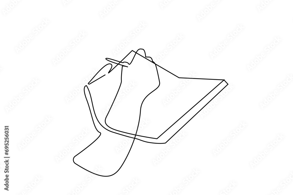 human person holding a pen taking notes writing one line art design human person holding a pen taking notes writing one line art design