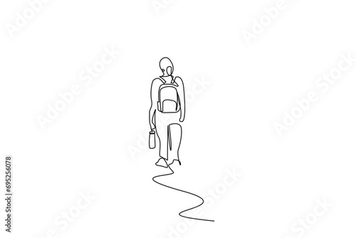 woman person backpack coat season nature hiking trekking activity one line art design