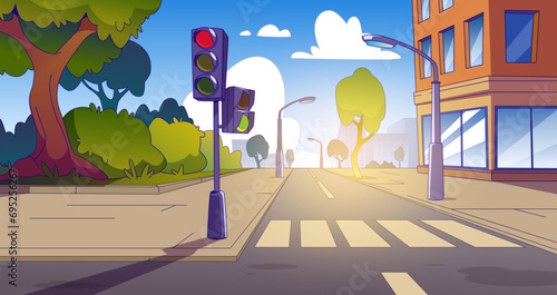 City street intersection with sidewalk, traffic lights and zebra cross. Cartoon summer town landscape with multistorey buildings, road with crosswalk and pedestrian. Empty downtown highway corner.