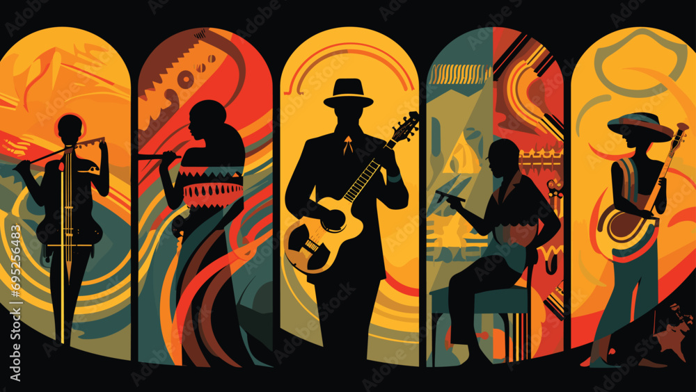 vector poster for a world music festival, showcasing stylized illustrations of global musicians and cultural symbols, diverse and vibrant world music vibe - obrazy, fototapety, plakaty 