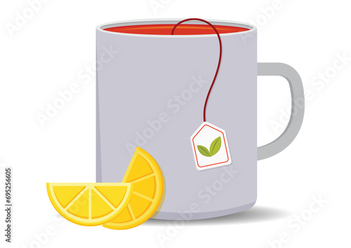 Mug of tea with two slices of lemon vector flat design