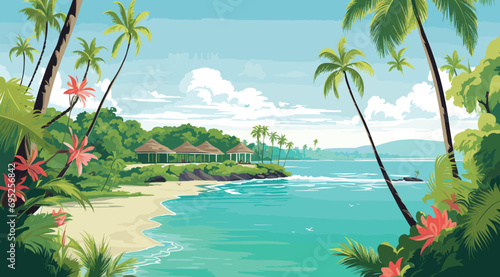 vector poster highlighting the tropical paradise of Bali  featuring lush landscapes  traditional Balinese elements  and serene beach scenes  island s tranquility 