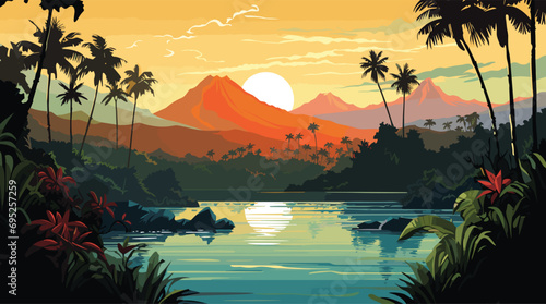 vector poster highlighting the tropical paradise of Bali, featuring lush landscapes, traditional Balinese elements, and serene beach scenes, island's tranquility  photo