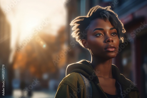 Black woman in casual clothing. African lady posing on urban sunny street. Generate ai