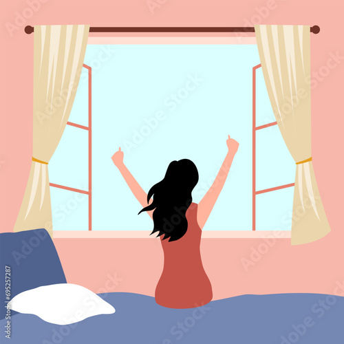 Young woman wakeup fresh in the morning with opened window in flat design.