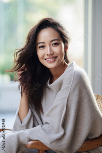 Smiling young Asian woman at home