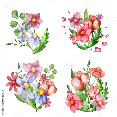set of four bouquets . composition of abstract bright flowers in the field. watercolor illustration on a white background. for the design