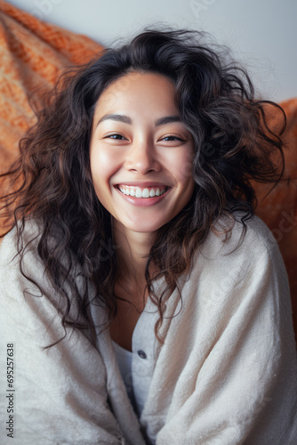 Smiling young Asian woman at home