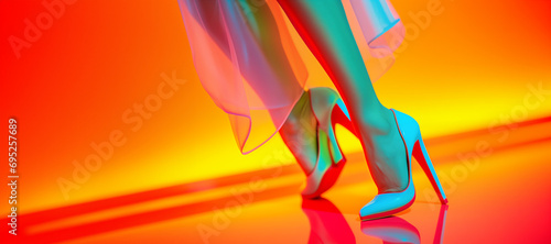 Female model with sleek and sexy slender legs wearing high heeled shoes against a vibrant high contrast hypercolor in-studio neon lights backdrop.  