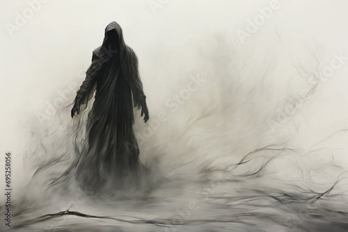 Culture and religion, states of mind, sci-fi and horror concept. Specter, reaper or ghost black silhouette. Smoke of ashes floating from body. Bright background with copy space photo