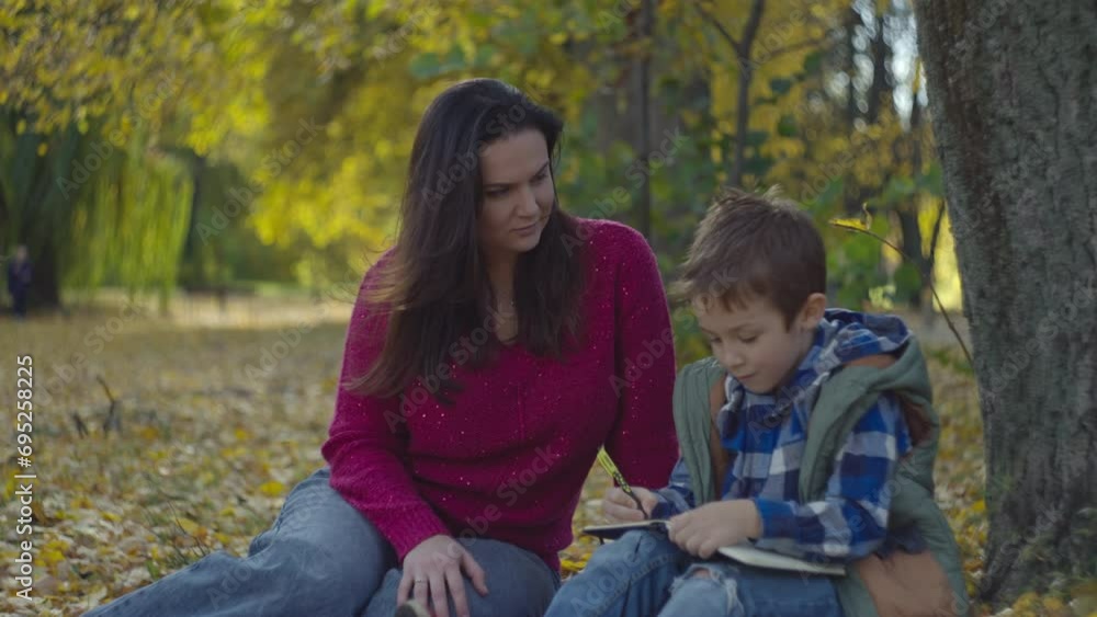 Tranquil Autumn Scene: Mother and Son Engage in a Serene Study Session Amidst the Vibrant Foliage of the Park. High quality 4k footage Tranquil Autumn Scene: Mother and Son Engage in a Serene Study Session Amidst the Vibrant Foliage of the Park. High quality 4k footage