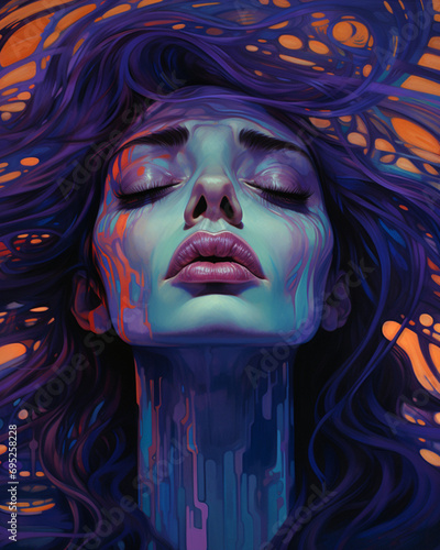 Captivating animated woman in purple exudes mystique with vibrant blue and purple stripes. Elevate your space with this stylish artwork Created with generative AI tools.