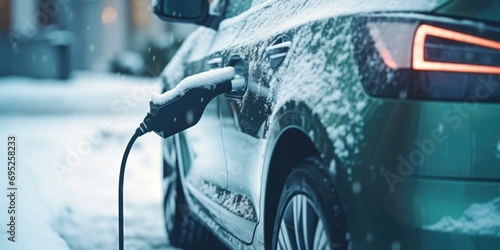 An electric car is pictured plugged into a charging station in the snow. This image can be used to showcase sustainable transportation options and the use of electric vehicles in winter conditions