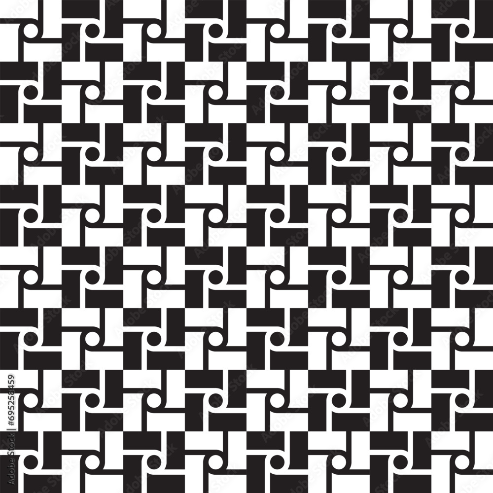 Fototapeta premium Seamless monochrome vector textures, black and white abstract geometric patterns with triangle, square and circle shapes. Design element for textile, print, fabric.