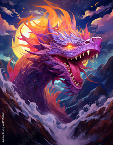 Enter a realm of fantasy: a captivating painting featuring a majestic dragon depicted in vibrant shades of purple Created using generative AI tools © Ivan cardona
