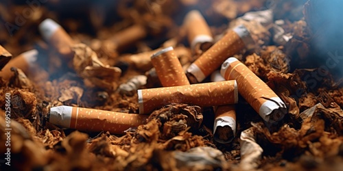 A pile of cigarettes sitting on top of a pile of tobacco. Ideal for illustrating the harmful effects of smoking or for tobacco-related content photo