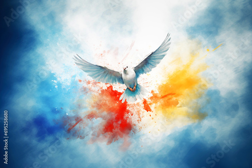 Flying white dove with red and blue paint splashes in the sky. photo