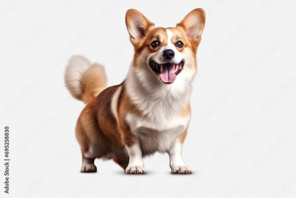 A brown and white dog standing on a white surface. Perfect for pet-related designs and advertisements