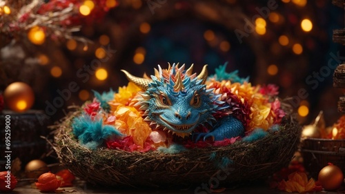 A small, little ,cute baby dragon sleeping comfortable inside egg shell © Sanita