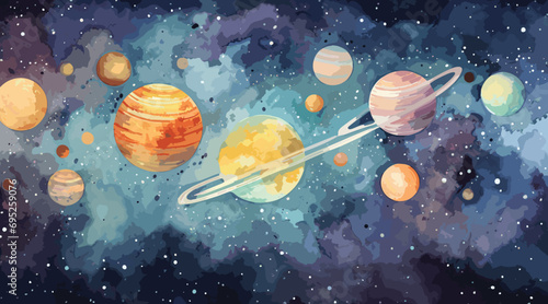 vector representation of a celestial alignment featuring planets, stars, and cosmic phenomena, set against a watercolor texture background for an ethereal and artistic portrayal. 