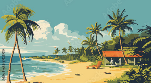 vintage-inspired vector postcard reminiscent of a Caribbean island, featuring pristine beaches, classic typography, and a retro color palette, tropical paradise while ensuring © J.V.G. Ransika