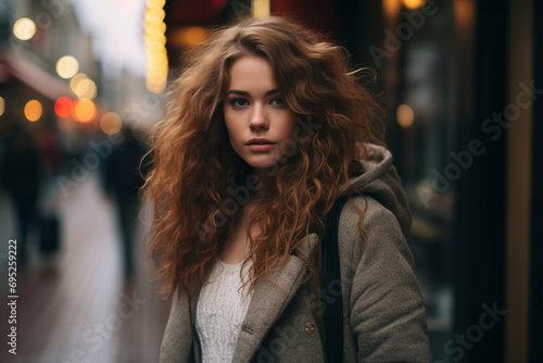 Fashion, leisure, make-up, hairstyle and lifestyle concept. Beautiful young woman outdoors urban street portrait. Gorgeous model looking at camera