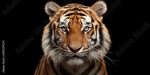 Close up of a tiger's face against a black background. Perfect for wildlife or animal-themed designs photo
