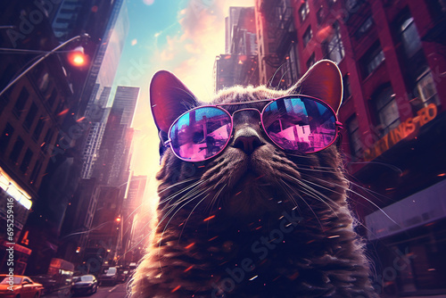 Animals, lifestyle concept. Cool looking cat with purple sunglasses in urban night city background. Retro, vintage, pop 80s-90s style photo